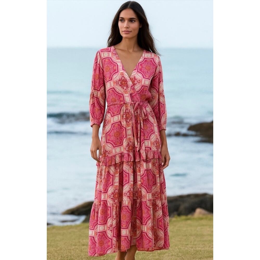 Lea Pink Printed Ruffle Trim Sami Wrap Maxi Dress Pink Medallion Print Sz M New